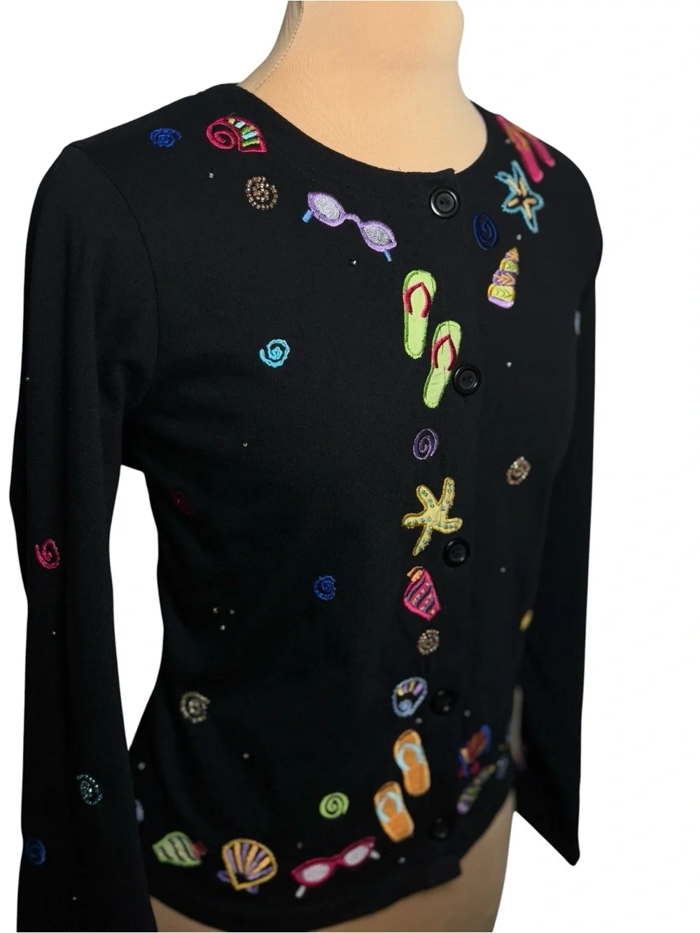 Michael Simon Lite Beach Theme Embroidered Cardigan Seashell Coastal Sweater Sm - Picture 3 of 10